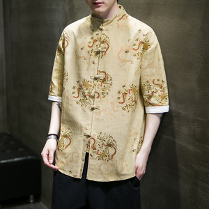 风夏季短袖衬衫汉服休闲大码印花男上衣唐装A321-1-C628-P50图片