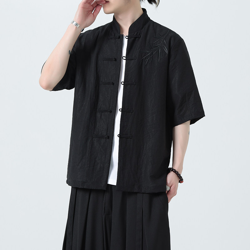 刺绣汉服风夏季轻薄亚麻短袖衬衫男新中式唐装A321-C650-P65,男装衬衫,电商A321-1（原钱塘6020）