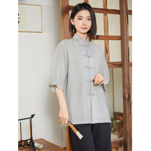 风唐装柳染亚麻短袖衬衫轻薄透气新中式汉服A321-1-C651-P75图片