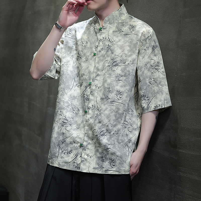风夏季亚麻透气衬衫印花中式唐装汉服衬衣A321-1-C656-P75，男装衬衫，电商A321-1（原钱塘6020）