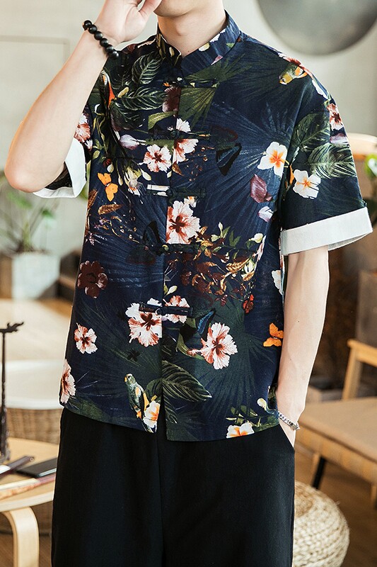 唐装短袖衬衫中式盘扣衬衣风亚衬衫A321-1-C617-P50,男装衬衫,电商A321-1（原钱塘6020）