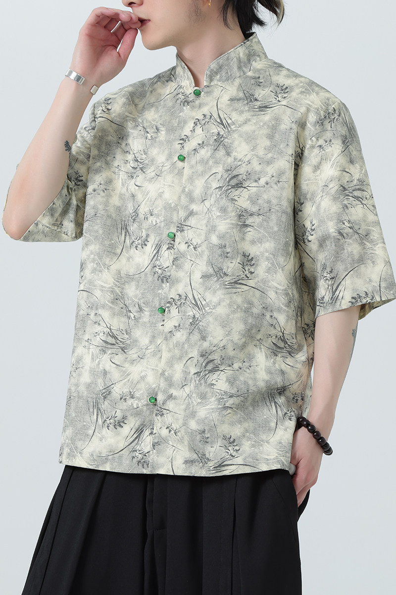 风夏季亚麻透气衬衫印花中式唐装汉服衬衣A321-1-C656-P75,男装衬衫,电商A321-1（原钱塘6020）