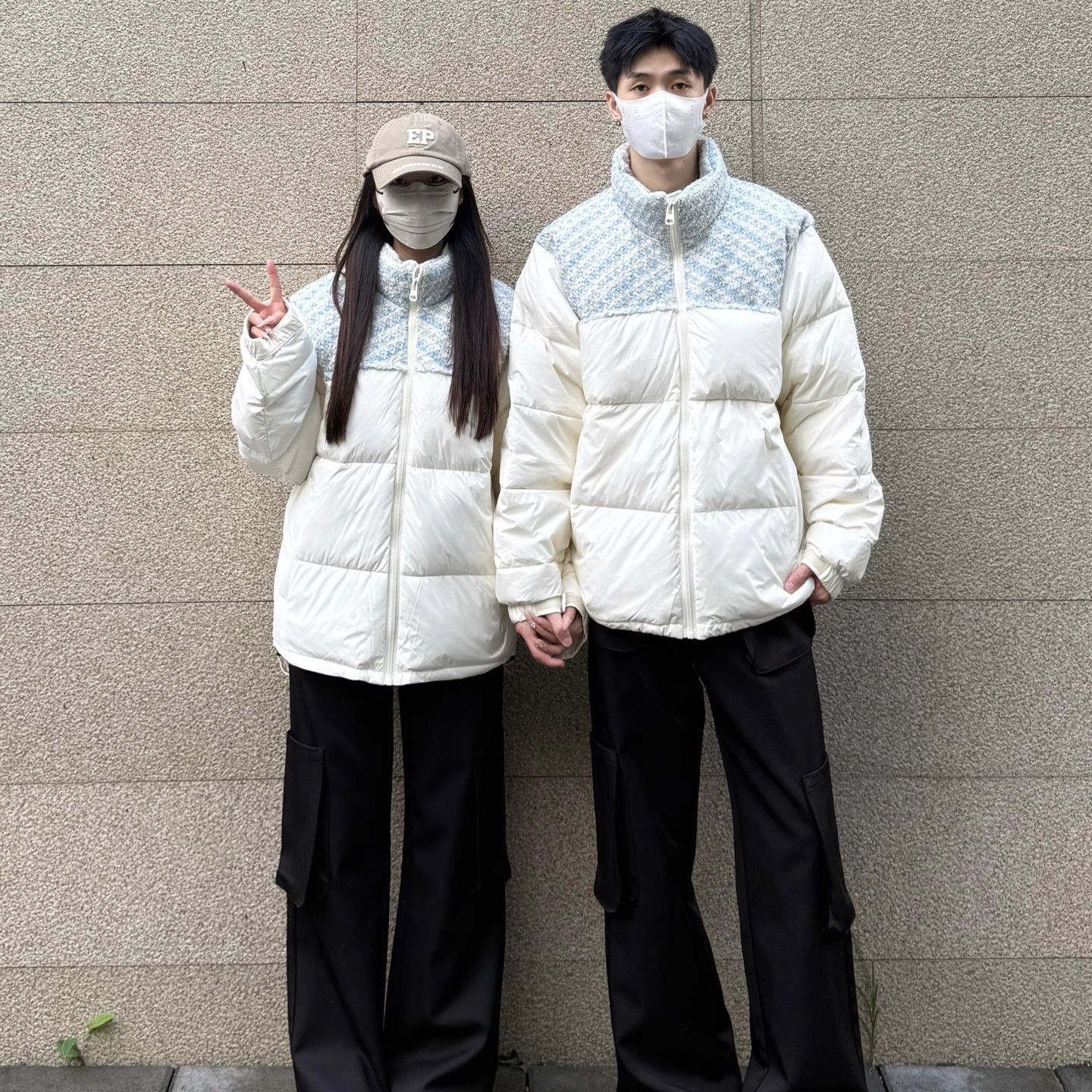 情侣小香风拼接立领棉服外套冬季新款韩系设计感加厚保暖面包服