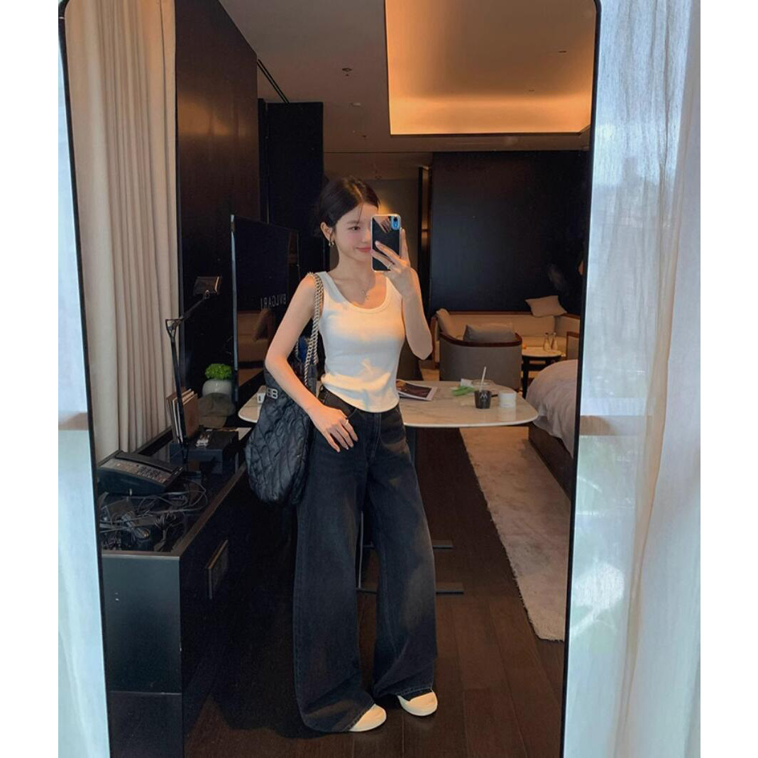 张贝贝ibell新款100长绒棉美式复古牛仔裤女休闲百搭设计感直筒裤