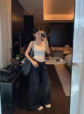 张贝贝ibell新款100长绒棉美式复古牛仔裤女休闲百搭设计感直筒裤