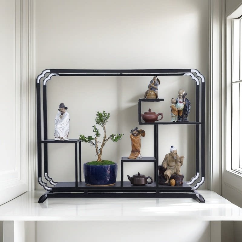 黑色铝合金博古架新中式花架客厅落地式阳台挂墙式置物架铁艺防锈