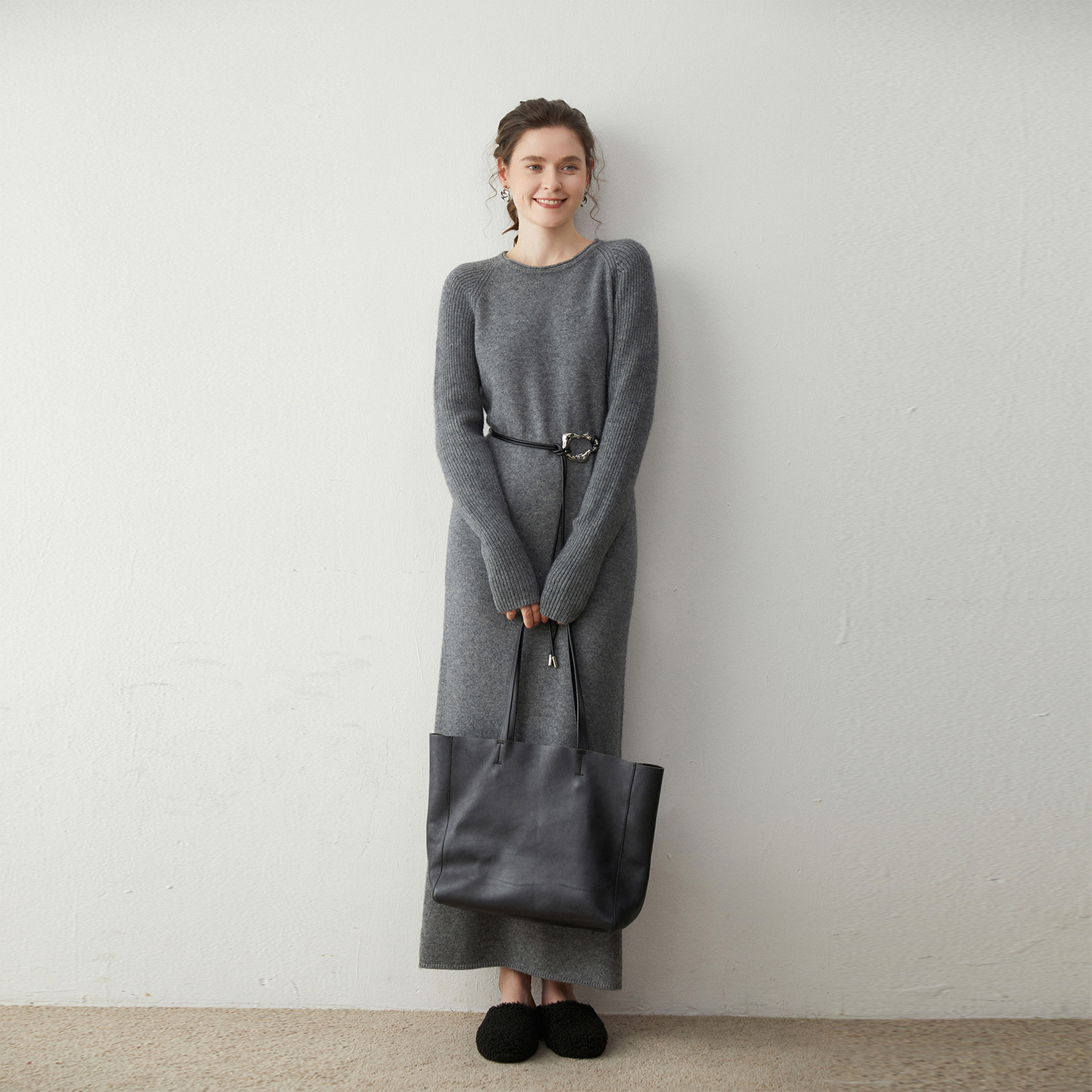 加厚羊绒连衣裙女超长开叉羊绒裙