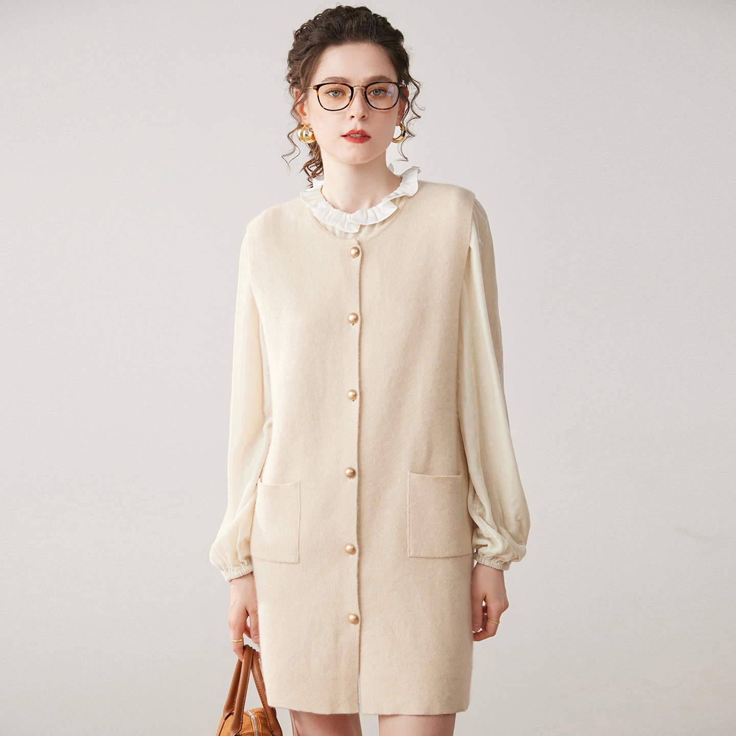 山羊绒无袖中长开衫马甲