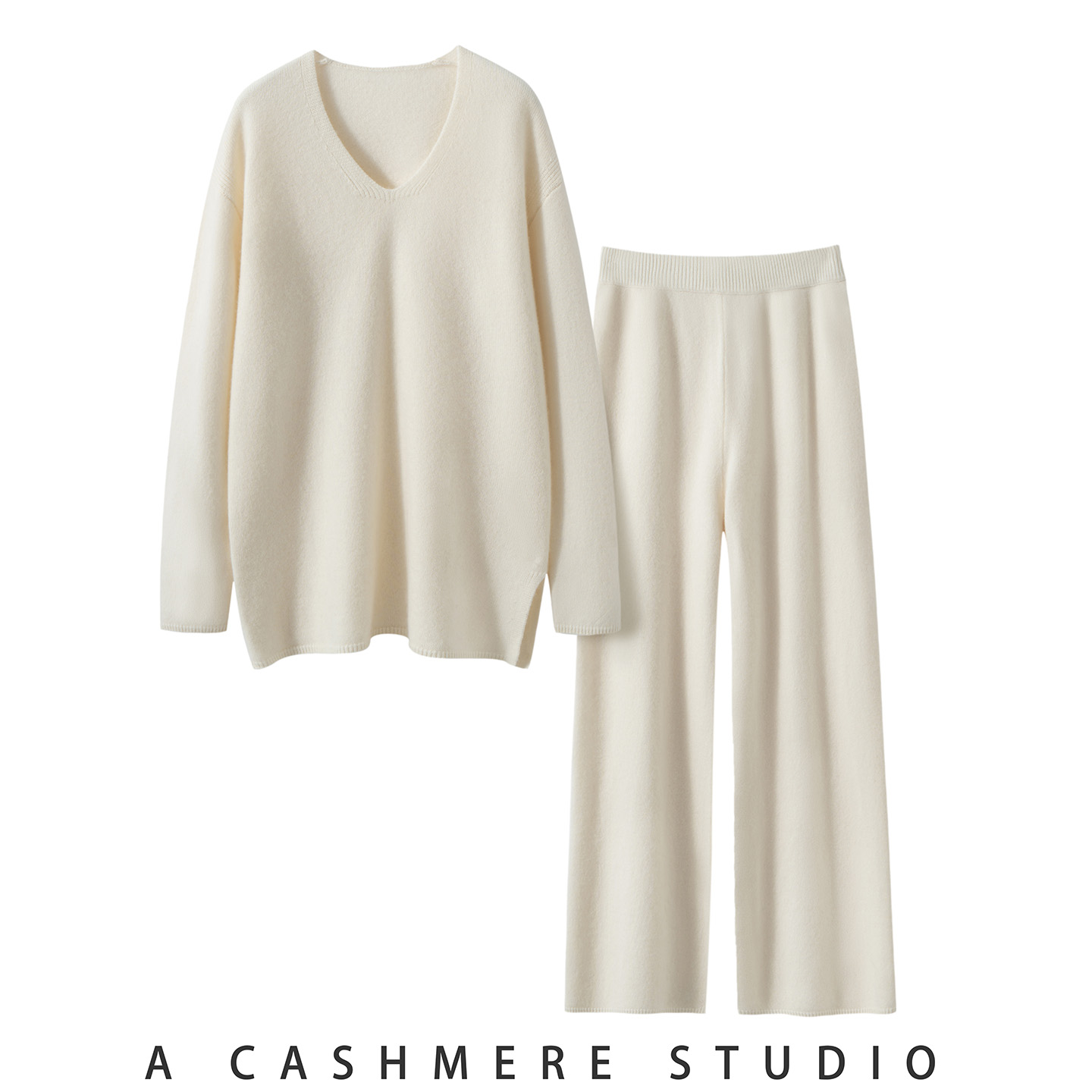 山羊绒套装V领阔腿裤休闲针织衫