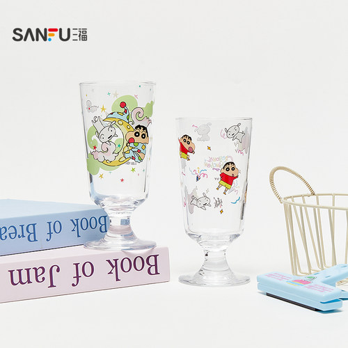 三福蜡笔小新甜品玻璃杯280ML 可爱卡通创意杯子水杯853836