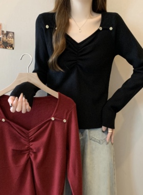 实拍 胖MM2024秋季新款别致V领正肩毛衣针织衫显瘦遮肚打底衫上衣