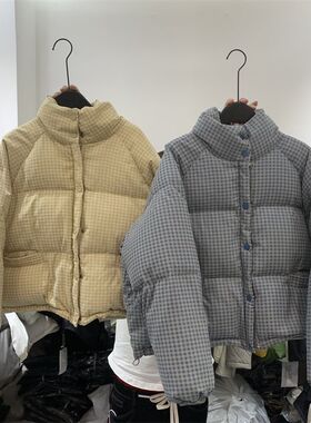 蓝色格子立领保暖短款棉服女2024冬季韩系宽松设计感面包服外套潮