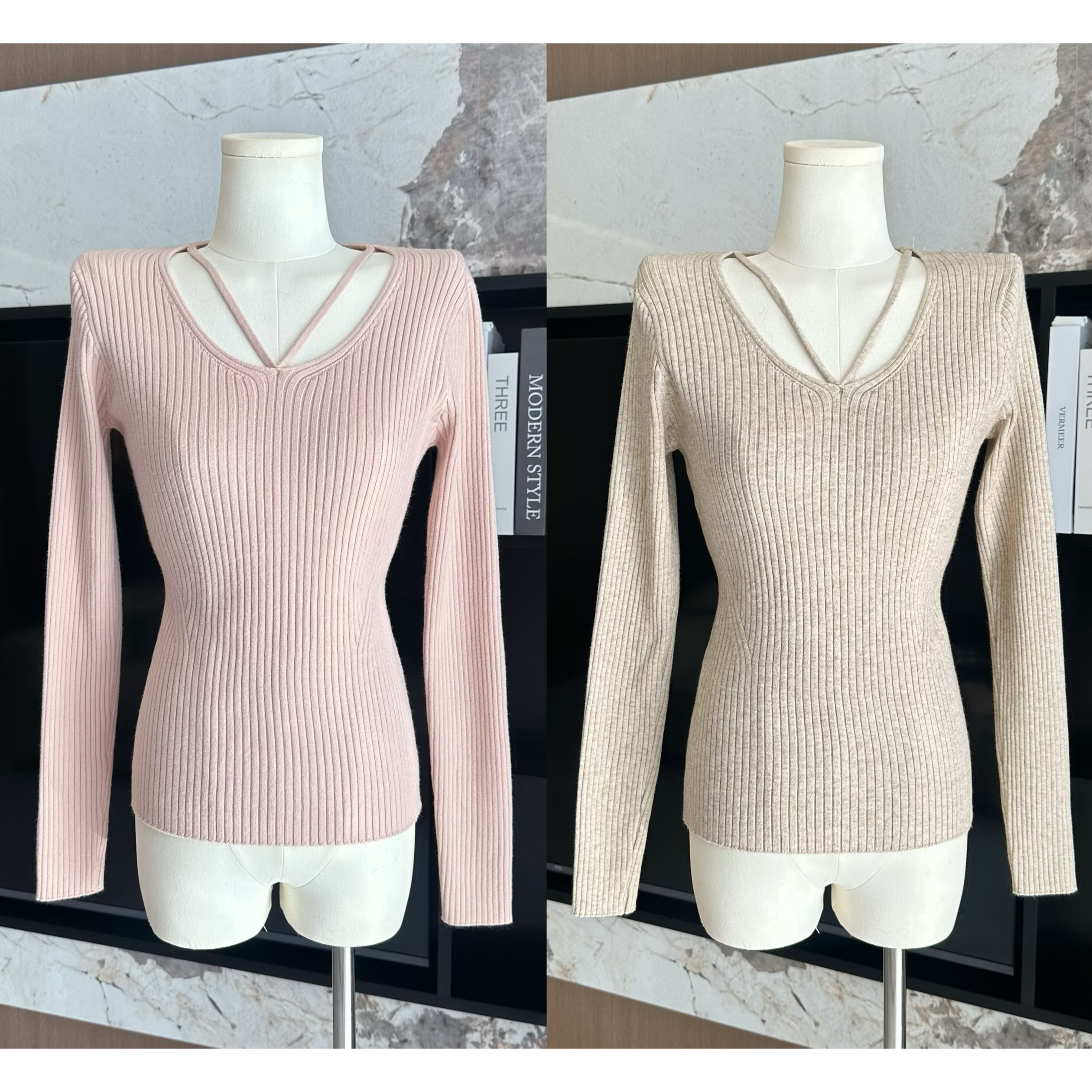 ACHI大也池驼色U领莫代尔长袖针织打底衫女纯欲性感修身套头上衣