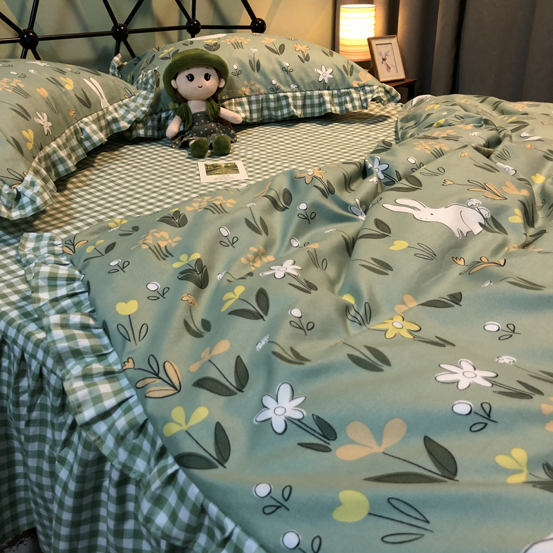 田园风青色草地碎花花边被罩床单单件公主风床裙式