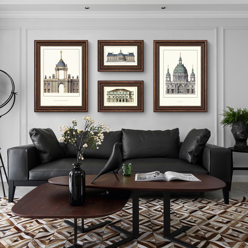 美式客厅装饰画组合建筑城堡创意组合沙发背景墙挂画简美风格壁画图片