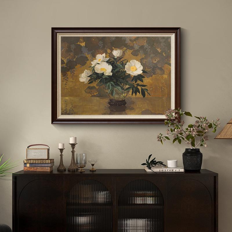 白牡丹】中古风餐厅装饰画美式复古卧室挂画玄关客厅花卉过道壁画图片