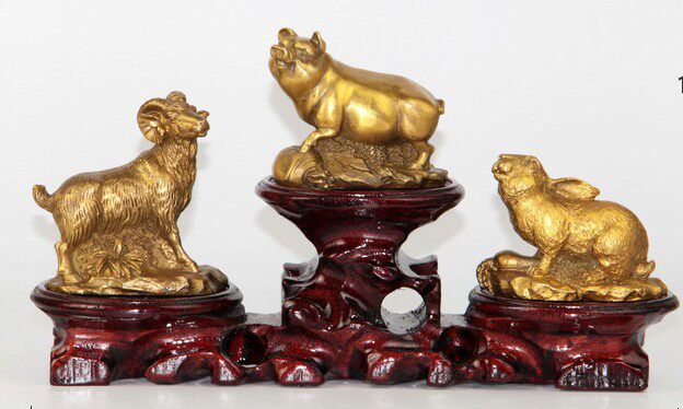 生肖猪羊兔吉祥摆设纯铜亥卯未三合木局家居饰品摆件