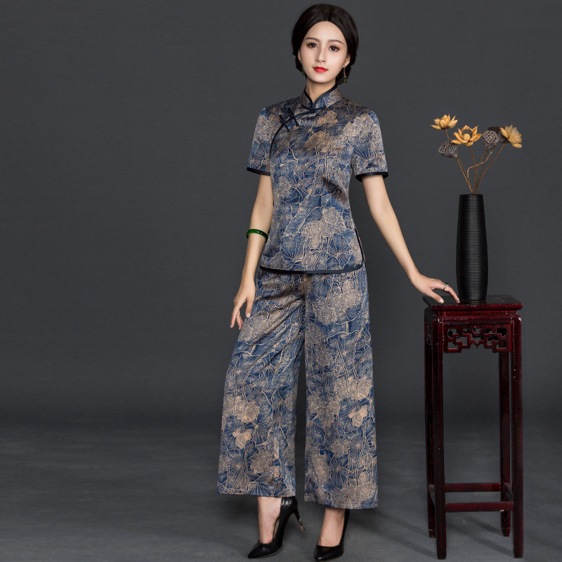 华族经典唐装套装女日常休闲大码显瘦民国风阔腿裤+旗袍上两件套
