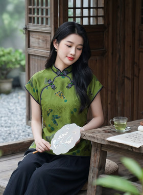 华族经典复古斜襟上衣改良旗袍立领新中式盘扣香云纱国风唐装女夏