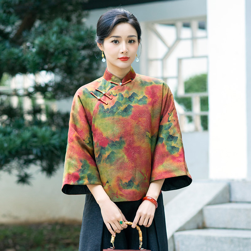 华族经典鹤舞彩云中式中国风高端真丝香云纱夹棉加厚保暖唐装上衣