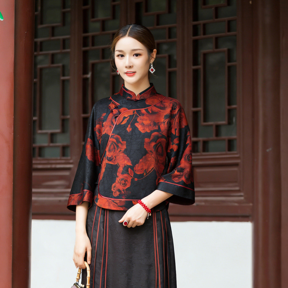 华族经典香云纱唐装女改良优雅气质休息新中式复古高档盘扣上衣