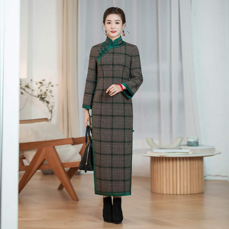 华族经典真丝羊毛呢旗袍复古
