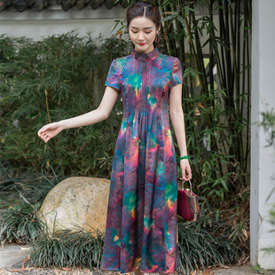 华族经典新式旗袍裙改良日常生活装夏季修身显瘦优雅连衣裙中长款