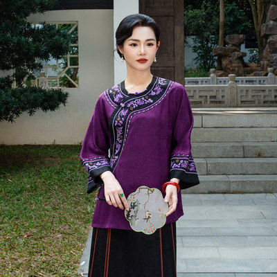 华族经典刺绣太太服中式女士唐装中长款香云纱改良旗袍小衫250509