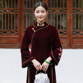 上衣女韩国绒改良时尚 中式 复古休闲绣花大码 高档唐装 秋冬旗袍套装