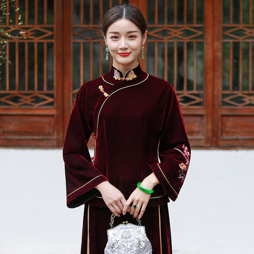 高档唐装上衣女韩国绒休闲绣花