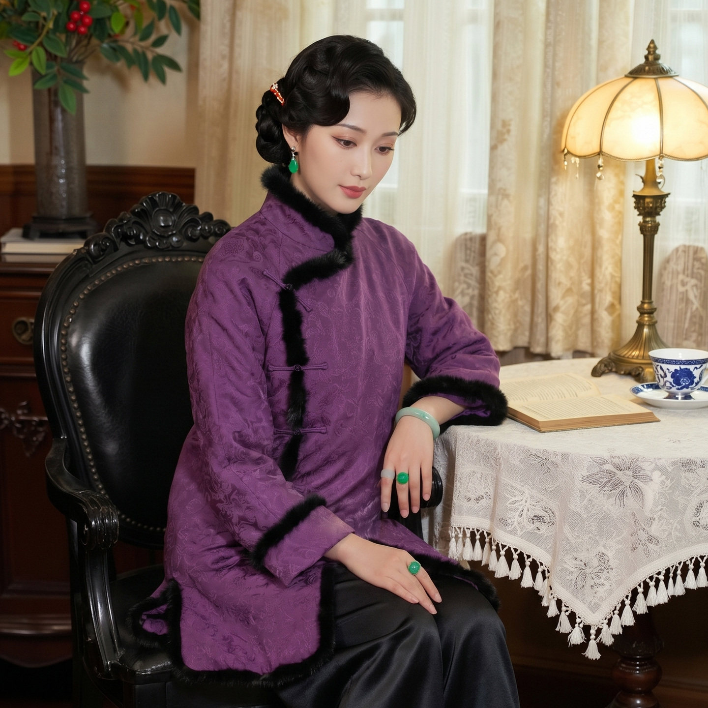华族经典唐装女中长款加厚香云纱