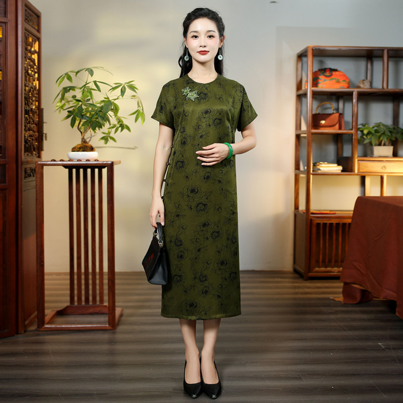 华族经典改良香云纱复古优雅气质中国风修身旗袍中长款女清雅颂