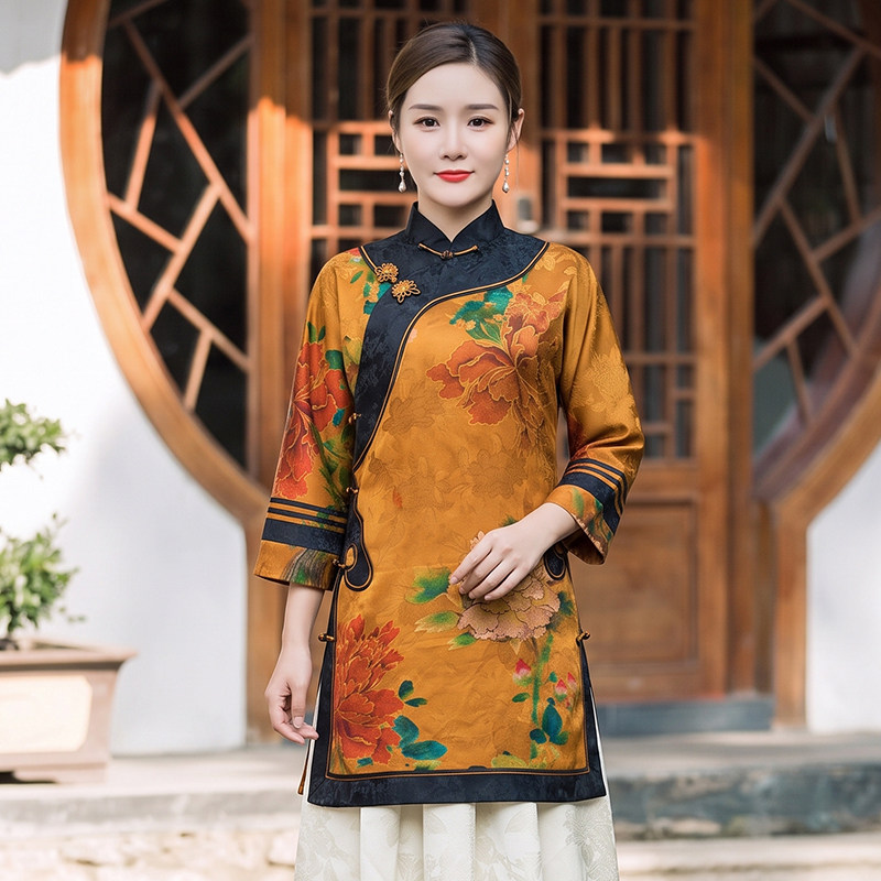 5姆米香云纱重工中长款旗袍女