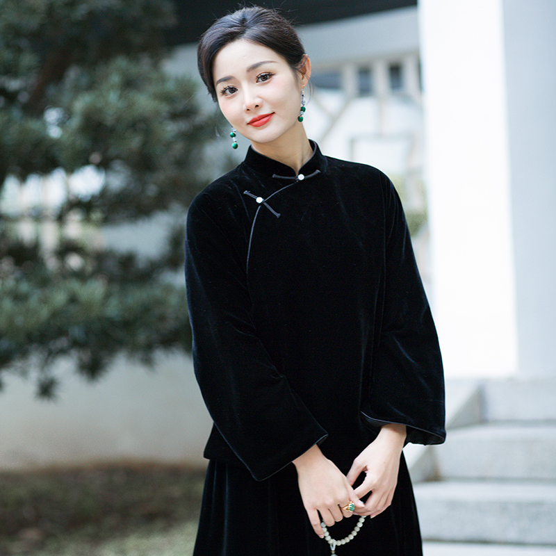 华族经典素芸桑蚕丝真丝绒夹棉加厚秋冬新中式国风唐装上衣女短款