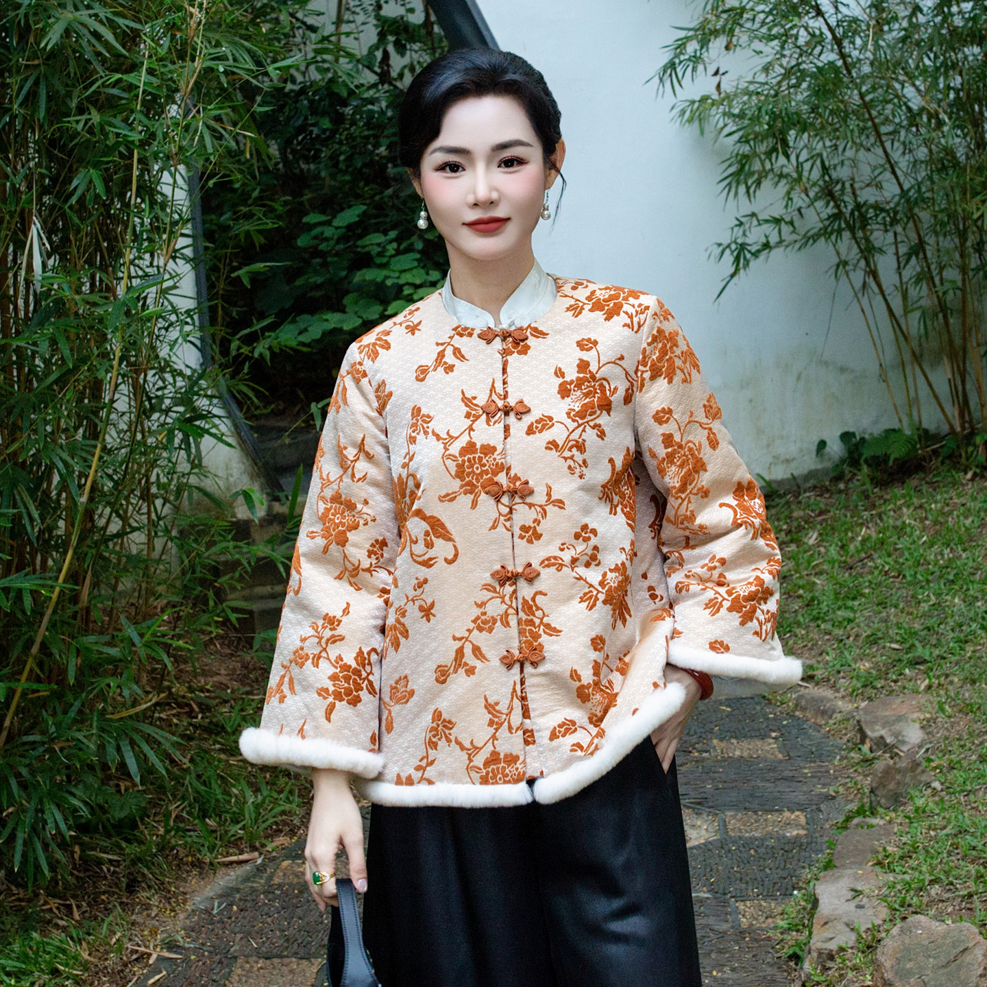 华族经典章绒唐装女上衣加绒加厚