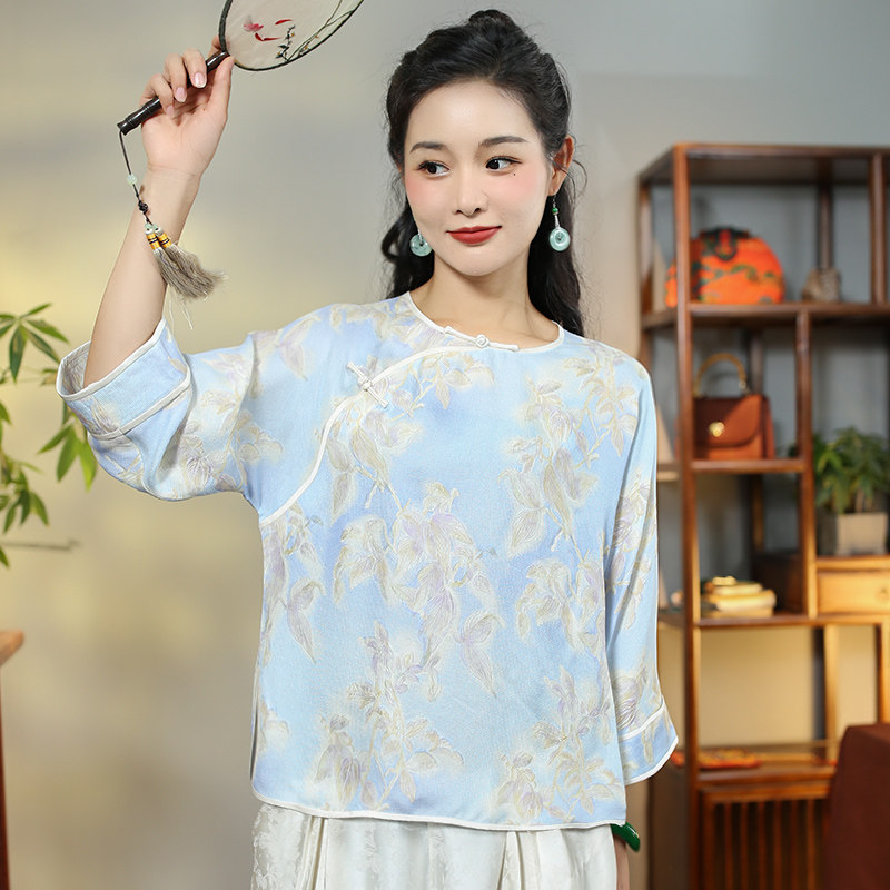 华族经典唐装女改良芊玉新中式桑蚕丝花罗复古宽松中国风上衣夏