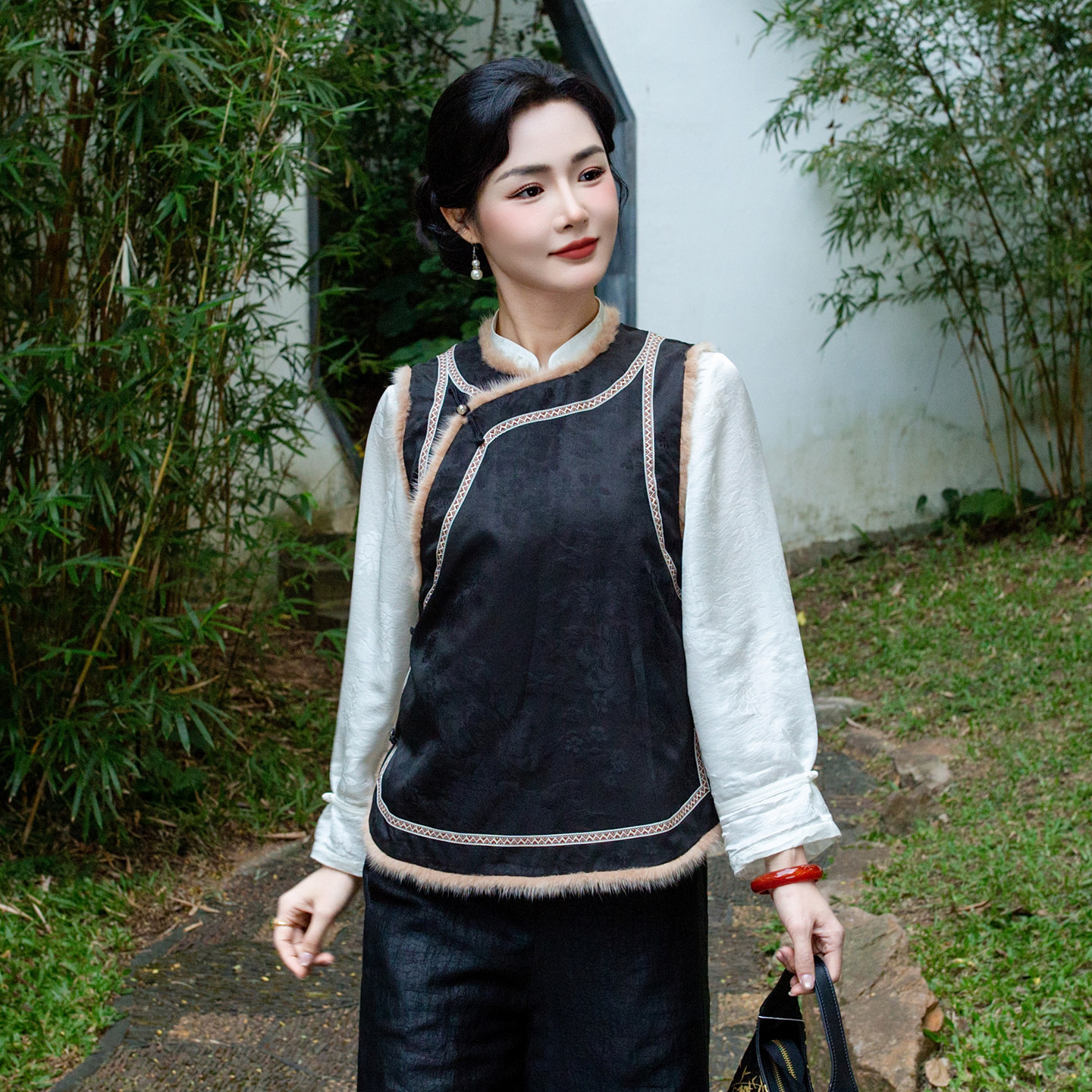 华族经典夕颜落真丝香云纱复古中国风夹棉加厚马夹无袖背心上衣女