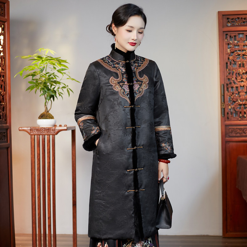 华族经典红尘画卷重工刺绣复古中式夹棉香云纱外套棉服上衣中长款