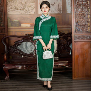 华族经典旗袍高端复古纯色日常斜襟夏季气质长款倒大袖旧事祺袍夏