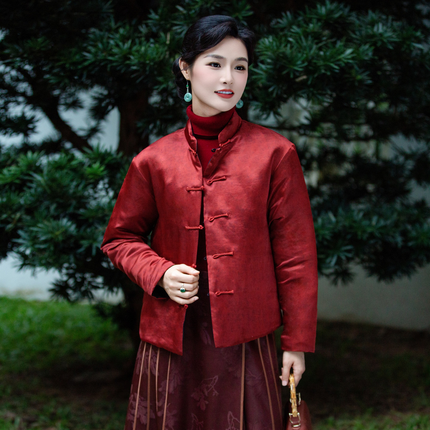 华族经典唐装女双面穿桑蚕丝鹅绒保暖改良对襟新中式上衣JS-2515