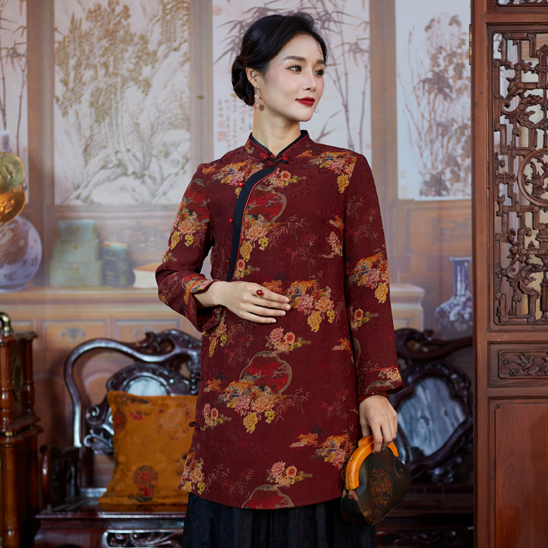 真丝花罗红云纱过年唐装旗袍