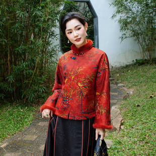 华族经典棉服中国风红色香云纱盘扣上衣女复古高端中式唐装251111