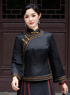 华族经典中式改良旗袍上衣冬加厚保暖绣花斜襟香云纱唐装女251002