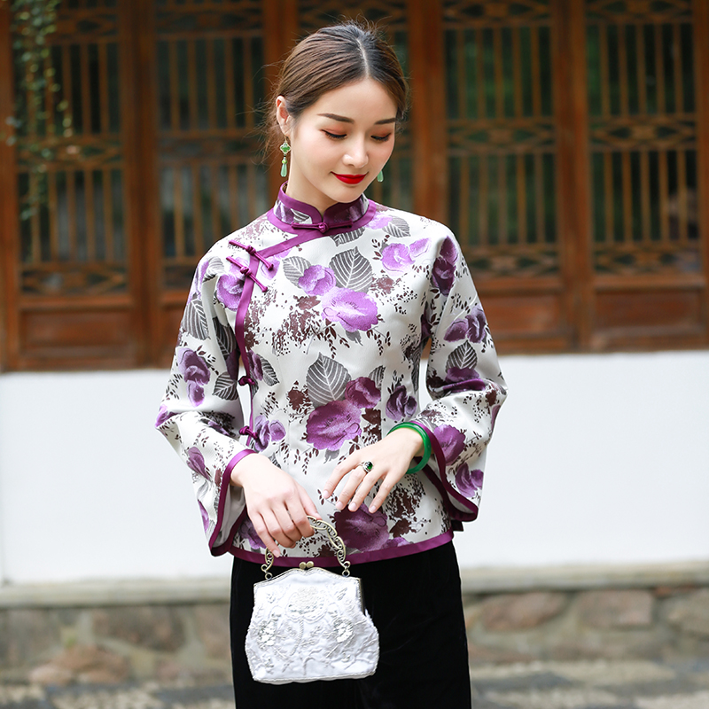 日常秋冬新款唐装上衣女中式复古清新淡雅淑女中国风显瘦长袖旗袍