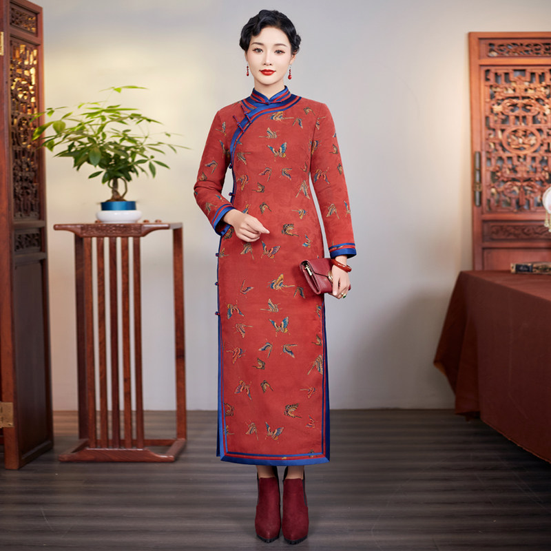 华族经典蝶舞霓裳红色婚宴礼服长款喜婆婆喜妈妈旗袍女新中式