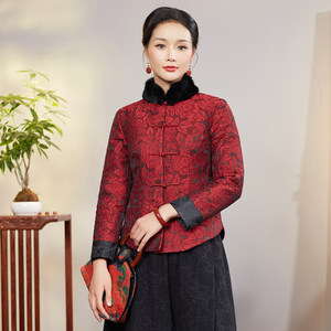 华族经典唐装上衣女夹棉加厚中式对襟高档兔毛领新年盘扣旗袍外套
