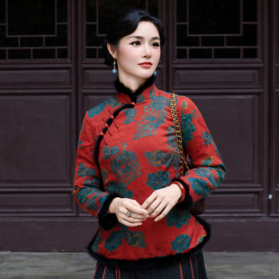 华族经典唐装女香云纱夹棉开襟盘扣毛领新中式红色旗袍上衣251011