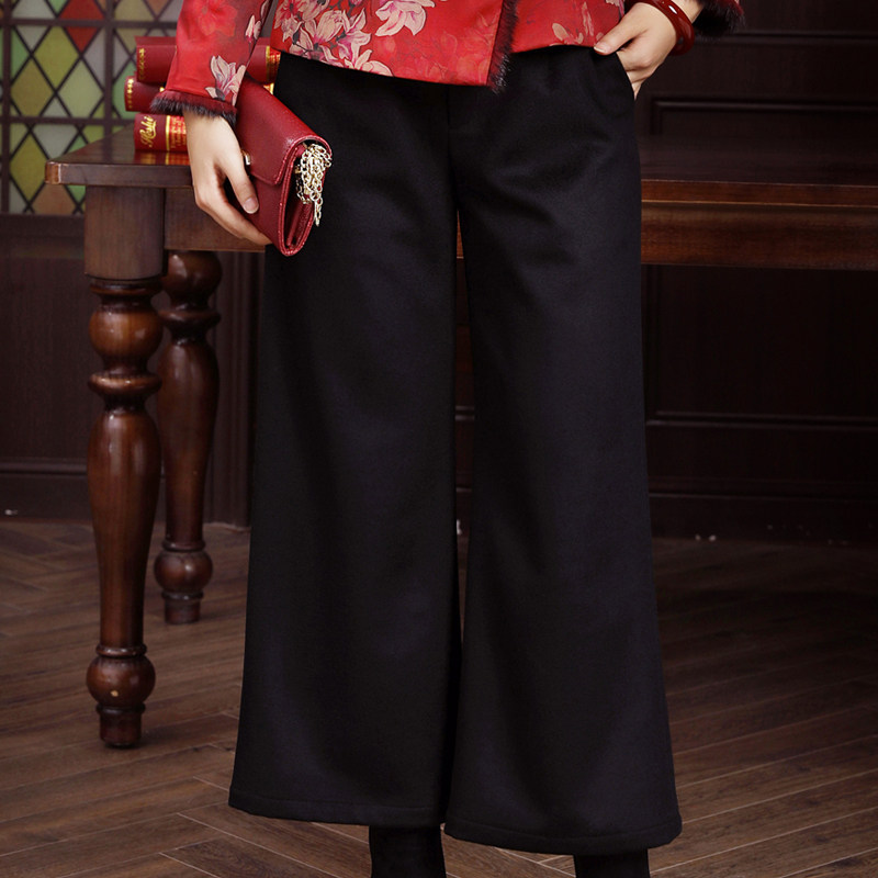 华族经典毛呢裤子高腰显瘦保暖羊毛呢休闲直筒裤子长款女冬百搭