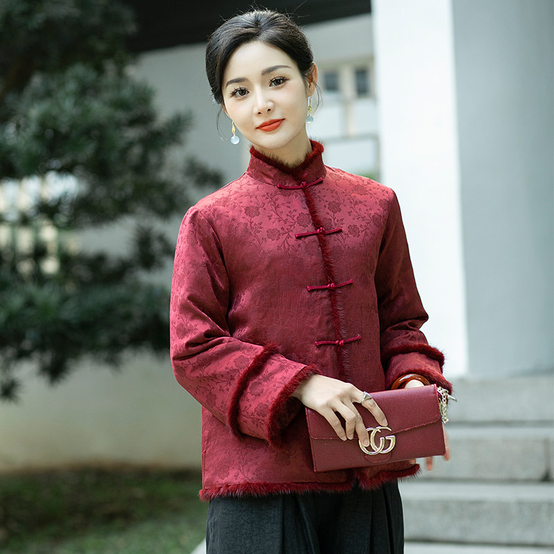 华族经典玫瑰晴中式国风真丝红云纱秋冬新款羽绒服唐装外套短款女