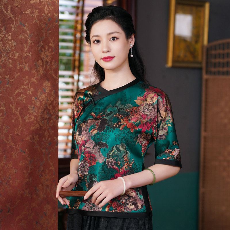 华族经典改良版圆领唐装上衣女2023年新款夏中式气质显瘦短袖旗袍